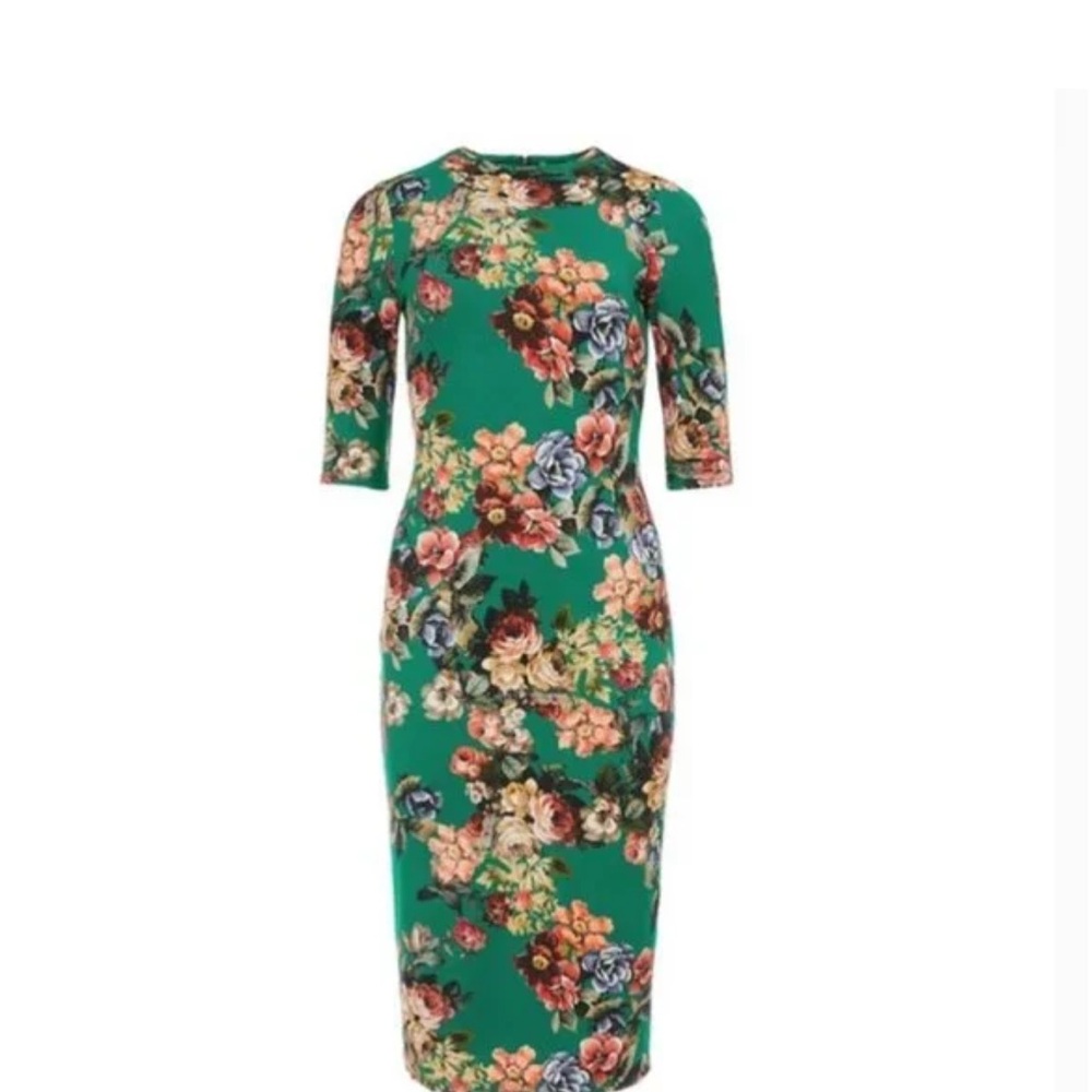 Alice + Olivia Green Bodycon Midi Dress with Crew Neck